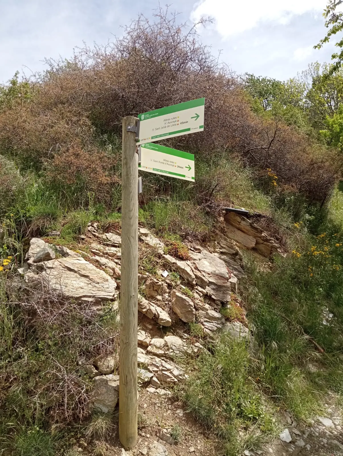 Panneau de chemins et randonnées depuis Auvinyà