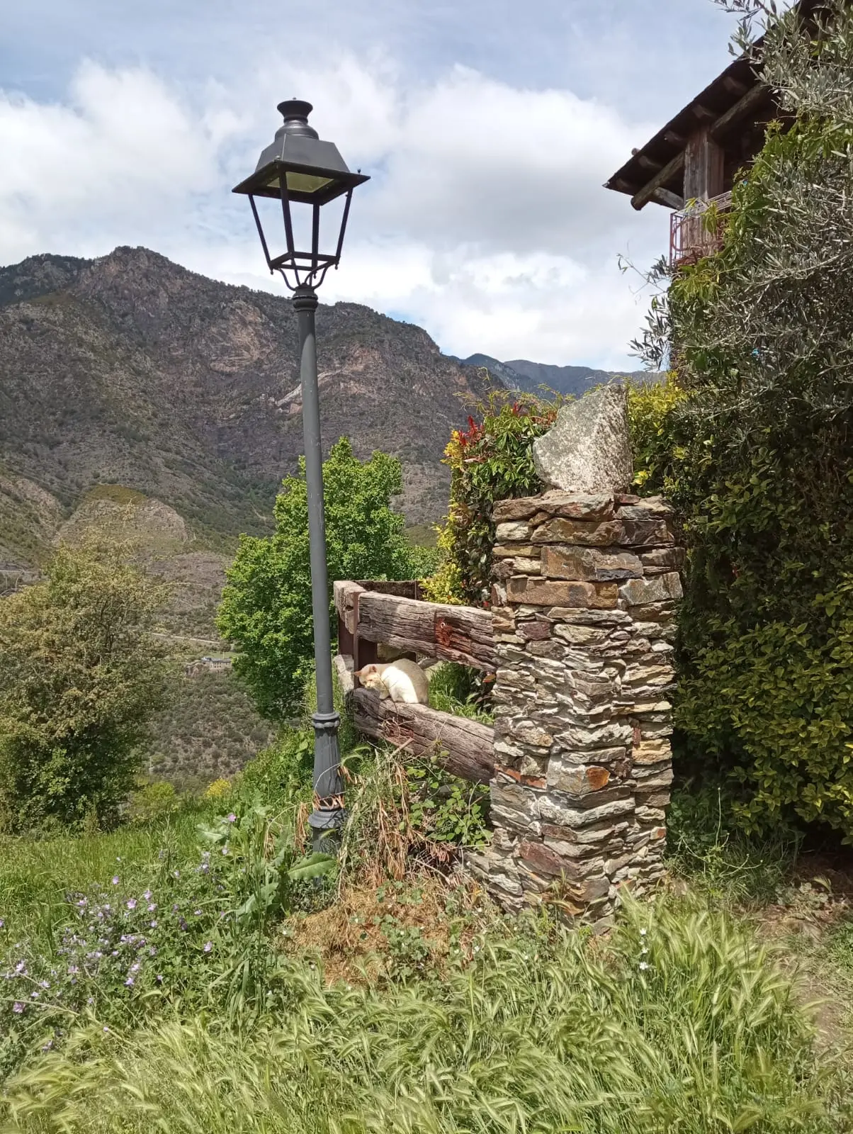 Lampadaire et mur en pierre avec montagne au fond