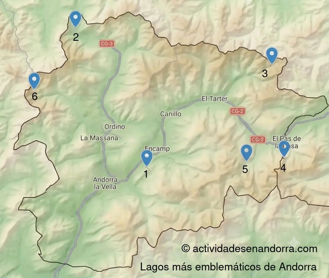 Montaje con los 6 lagos más emblemáticos de Andorra: Engolasters, Tristaina, Juclar, Abelletes, Pessons y Llac Negre