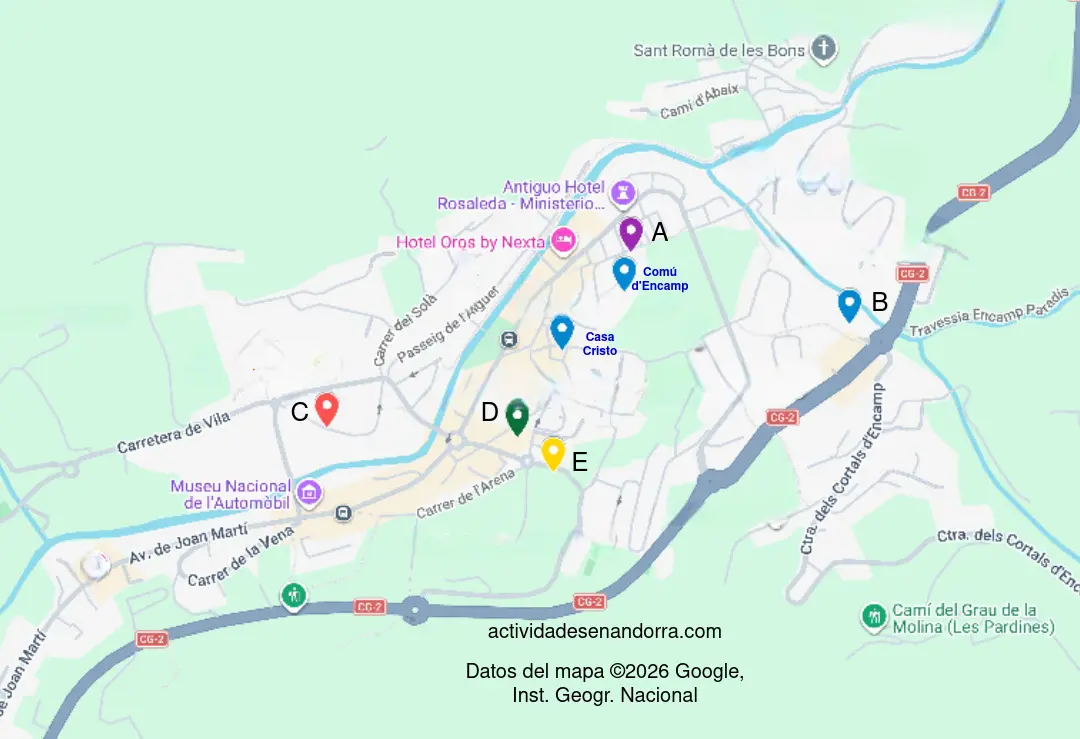 Mapa de los principales parkings comunales de Encamp: Arínsols, Funicamp, Prat de l'Areny, Prat del Baró y Coma Llarga